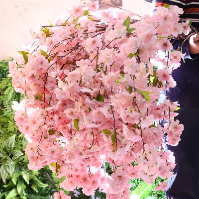 5 Stems Wedding Simulation Silk Cherry Blossom Length 140cm/55.12" Wedding Decoration Flowers Sakura Spring Hanging Basket Flower Vine