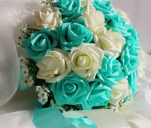 Hochzeitsstrauß, türkisfarbene Blumen, Brautstrauß, Mittelstücke, Dekorationen, Seidenband, künstliche Blumensträuße, 7 Farben erhältlich