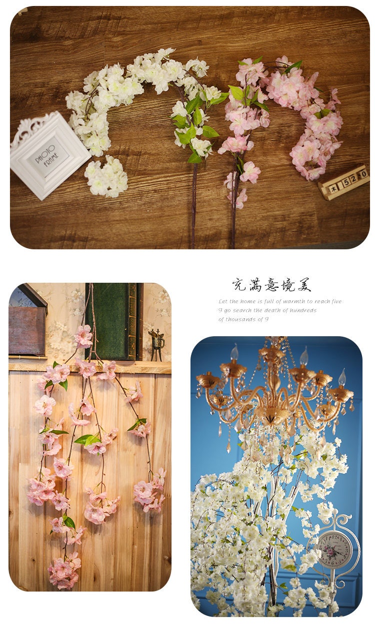 5 Stems Wedding Simulation Silk Cherry Blossom Length 140cm/55.12" Wedding Decoration Flowers Sakura Spring Hanging Basket Flower Vine