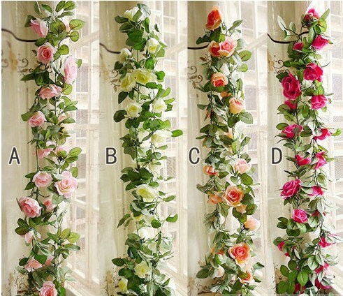 Flower Ivy Length 2.3m/90" Artificial Silk Rose Garland 2 Strands Fake Flower Ivy Leaf Vine Plants Home Hanging Wedding Decoration