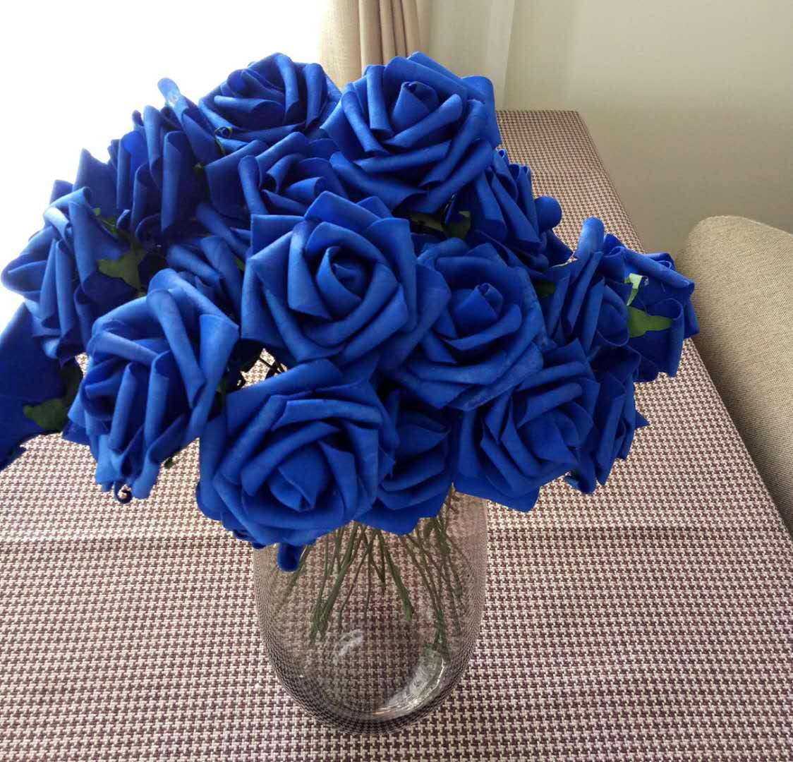 100 Stück königsblaue Hochzeitsblumen PE-Schaum-Rosen für Brautstrauß, Hochzeits-Mittelstück, Dekoration, floral, Durchmesser 7–8 cm