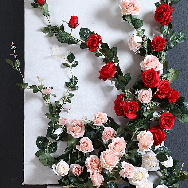 2 Strands Flower Ivy Length 1.8m/70.86" Artificial Silk Vine Rose Garland Home Outdoor Decor Flowers Wedding Christmas Decoration