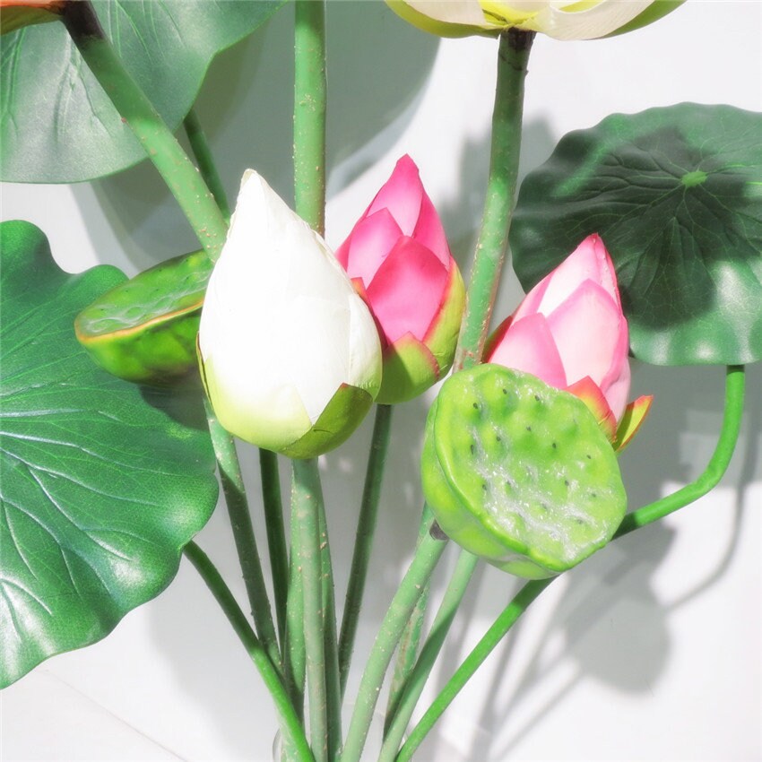 5 Stems Artificial Simulation Silk Lotus Buds Water Lily Buds Fish Tank Pond Decoration Floating Pool Plants Length 80cm/31.5"