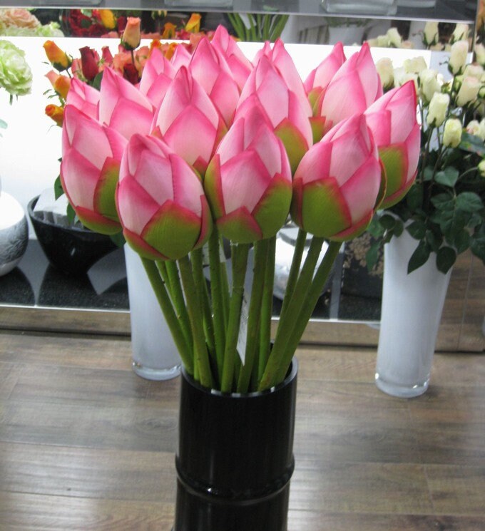 5 Stems Artificial Simulation Silk Lotus Buds Water Lily Buds Fish Tank Pond Decoration Floating Pool Plants Length 80cm/31.5"