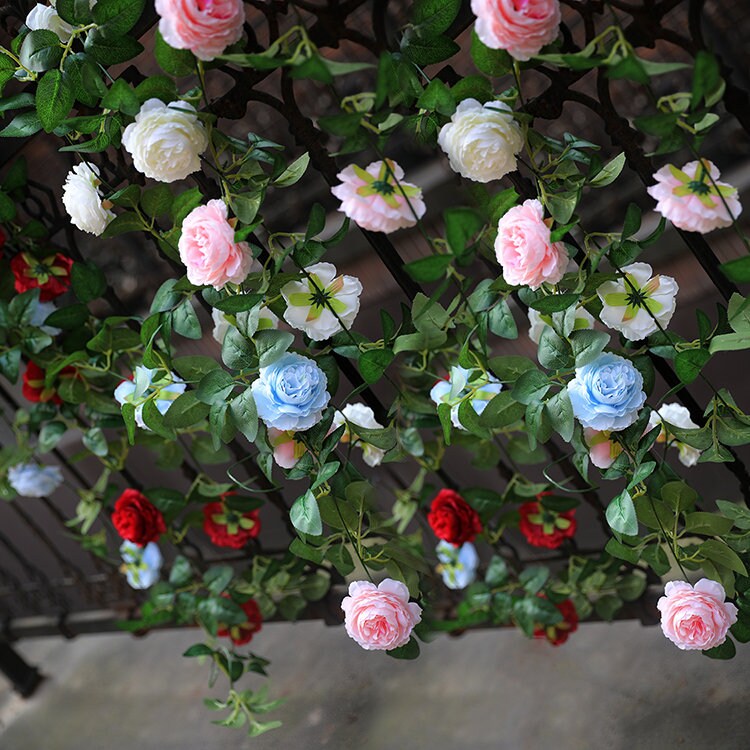 2 Strands Artificial Rose Vine 200cm/78.74" Simulation Cane Rose Peony Garland Outdoor Decor Wedding Road Floral Plant For Photography Decor