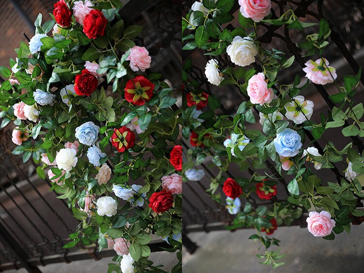 2 Strands Artificial Rose Vine 200cm/78.74" Simulation Cane Rose Peony Garland Outdoor Decor Wedding Road Floral Plant For Photography Decor