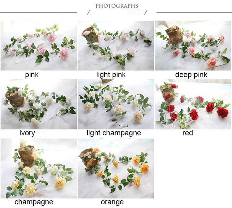 2 Strands Artificial Rose Vine 200cm/78.74" Simulation Cane Rose Garland Outdoor Decor Wedding Road Floral Plant For Photography Decor