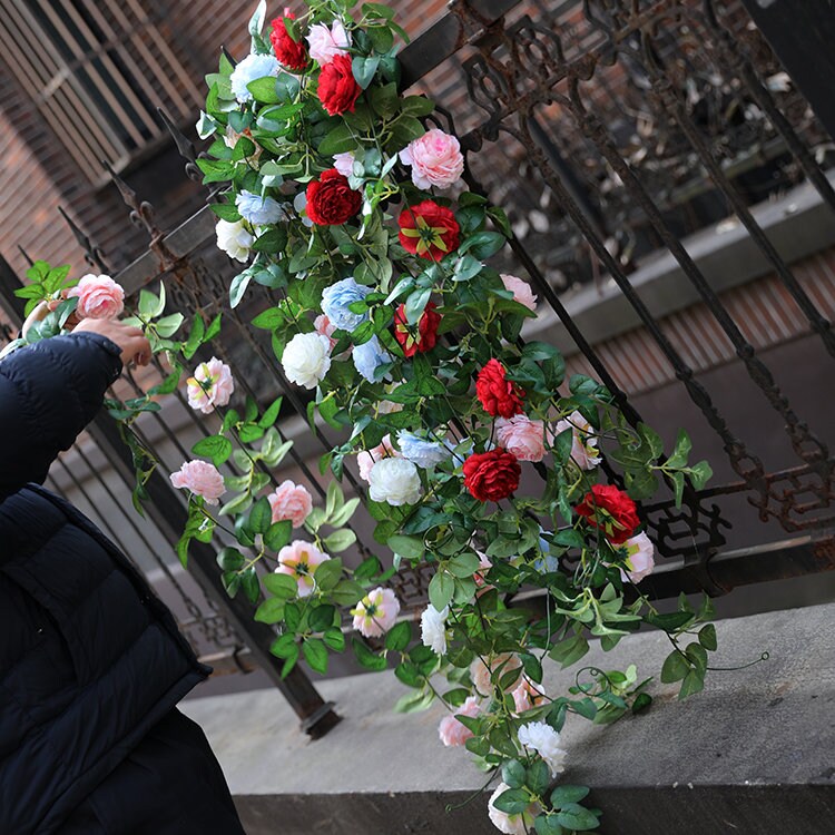 2 Strands Artificial Rose Vine 200cm/78.74" Simulation Cane Rose Peony Garland Outdoor Decor Wedding Road Floral Plant For Photography Decor