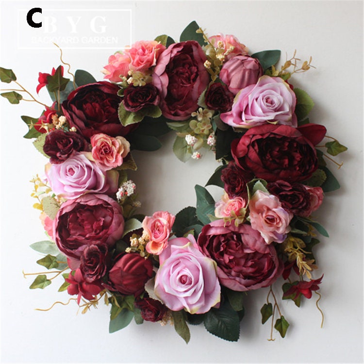 Artifical Flower Wreth Rose Plant Wreath For Front Door Farmhouse Decor, Wedding wreath Year Round Wreath,Indoor Outdoor Decor Wreath