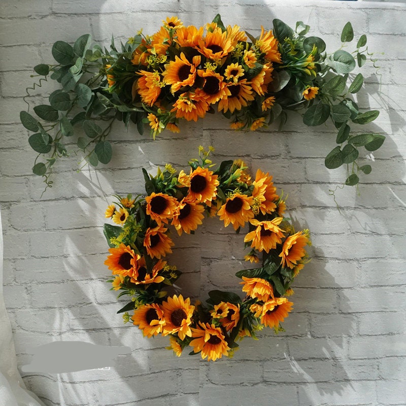 Orange Sunflowers & Eucalyptus Swag/Wreath for Wedding/Front Door, Rustic Flower Swag, Boho Wreath, Turnsolea Eucalyptus Swag/Wreath