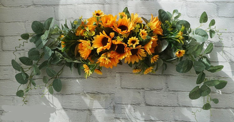 Orange Sunflowers & Eucalyptus Swag/Wreath for Wedding/Front Door, Rustic Flower Swag, Boho Wreath, Turnsolea Eucalyptus Swag/Wreath