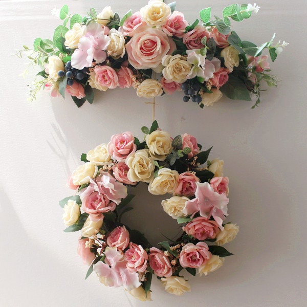 Blush Pink Champagne Rose & Eucalyptus Swag/Wreath for Wedding/Front Door, Floral Peony Swag, Boho Wreath, Turnsolea Eucalyptus Swag/Wreath
