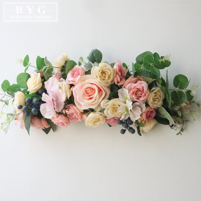 Blush Pink Champagne Rose & Eucalyptus Swag/Wreath for Wedding/Front Door, Floral Peony Swag, Boho Wreath, Turnsolea Eucalyptus Swag/Wreath