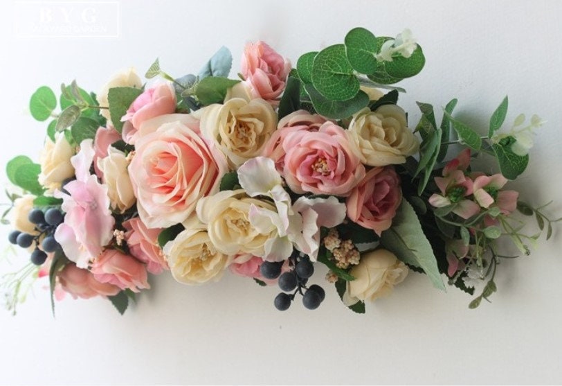 Blush Pink Champagne Rose & Eucalyptus Swag/Wreath for Wedding/Front Door, Floral Peony Swag, Boho Wreath, Turnsolea Eucalyptus Swag/Wreath