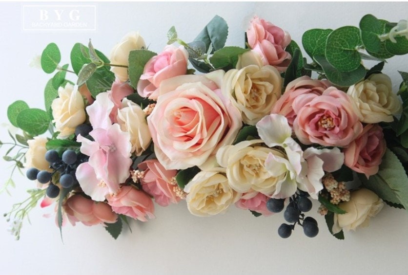 Blush Pink Champagne Rose & Eucalyptus Swag/Wreath for Wedding/Front Door, Floral Peony Swag, Boho Wreath, Turnsolea Eucalyptus Swag/Wreath