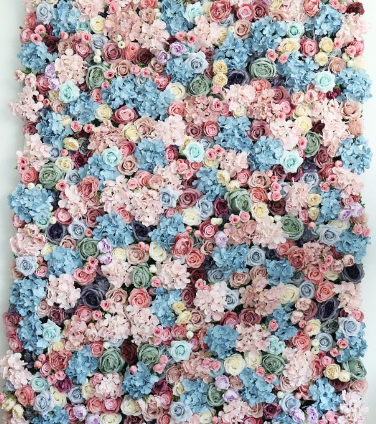 Baby Blue Pink Flower Wall for Wedding Arrangement Fake Flower Wall For Bridal Shower Event Salon Party Decor Floral Panel 15.75x23.62"