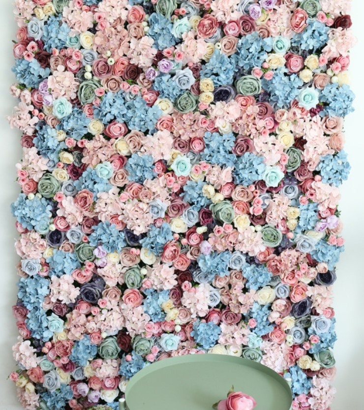 Baby Blue Pink Flower Wall for Wedding Arrangement Fake Flower Wall For Bridal Shower Event Salon Party Decor Floral Panel 15.75x23.62"