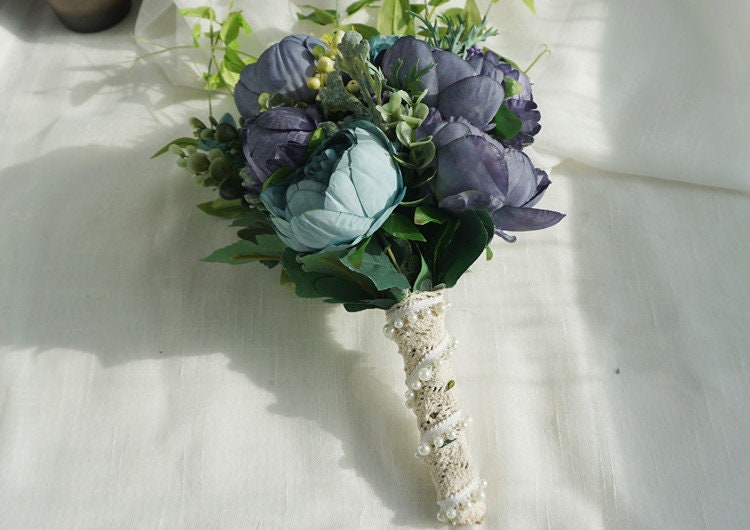 Romantic Wedding Cascading Bouquet Bouquet, Draping Bridal Rose Bouquet, Turquoise Purple Rose Peony Cascade Bouquet, Wedding Bridal Bouquet