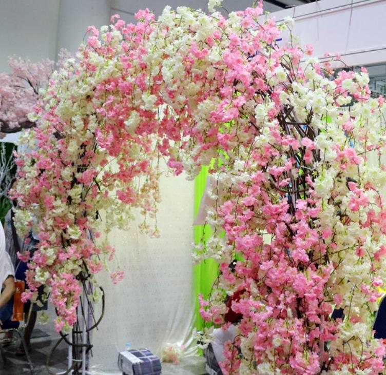 5 Stems Wedding Simulation Silk Cherry Blossom Length 140cm/55.12" Wedding Decoration Flowers Sakura Spring Hanging Basket Flower Vine