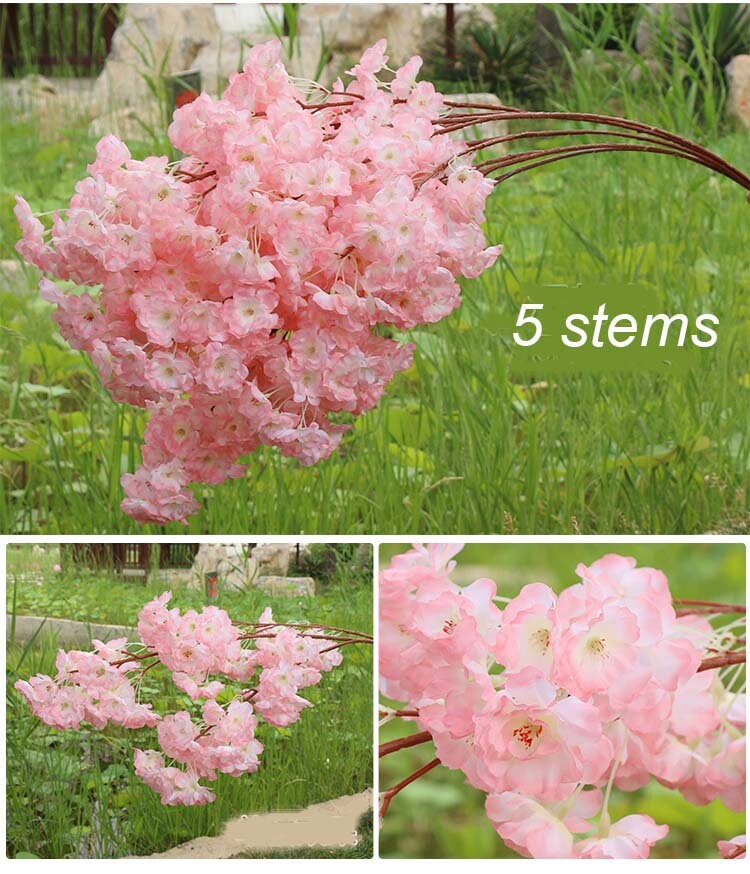 5 Stems Artificial Simulation Silk Cherry Blossom Wedding Party Home Decoration Fake Sakura Flowers Lenght 1 m/39.37"
