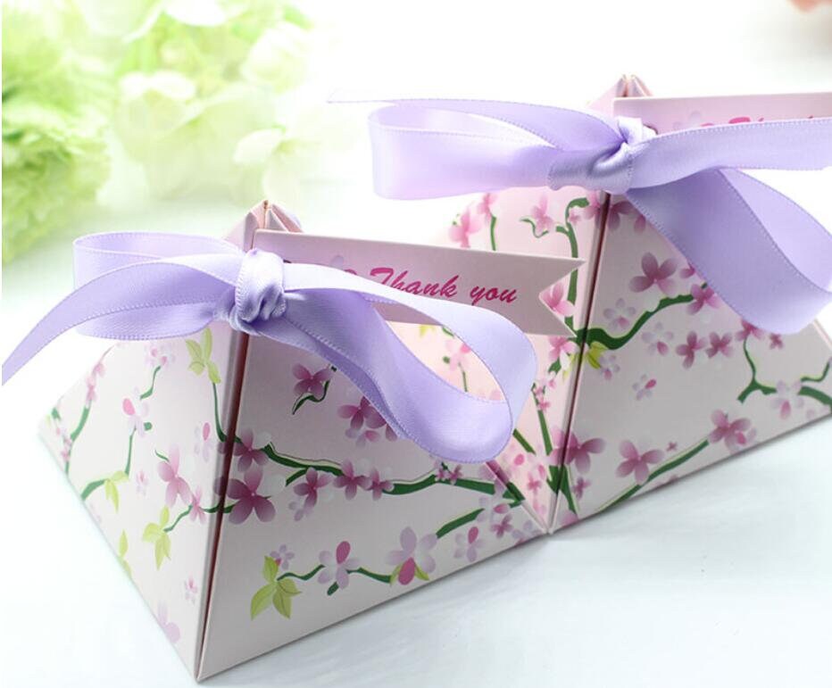 New Pink Cherry Blossom Sakura Boxes Wedding Party Bride Shower Baby Shower Candy Boxes Japanese style Pyramid Favor box 50pcs