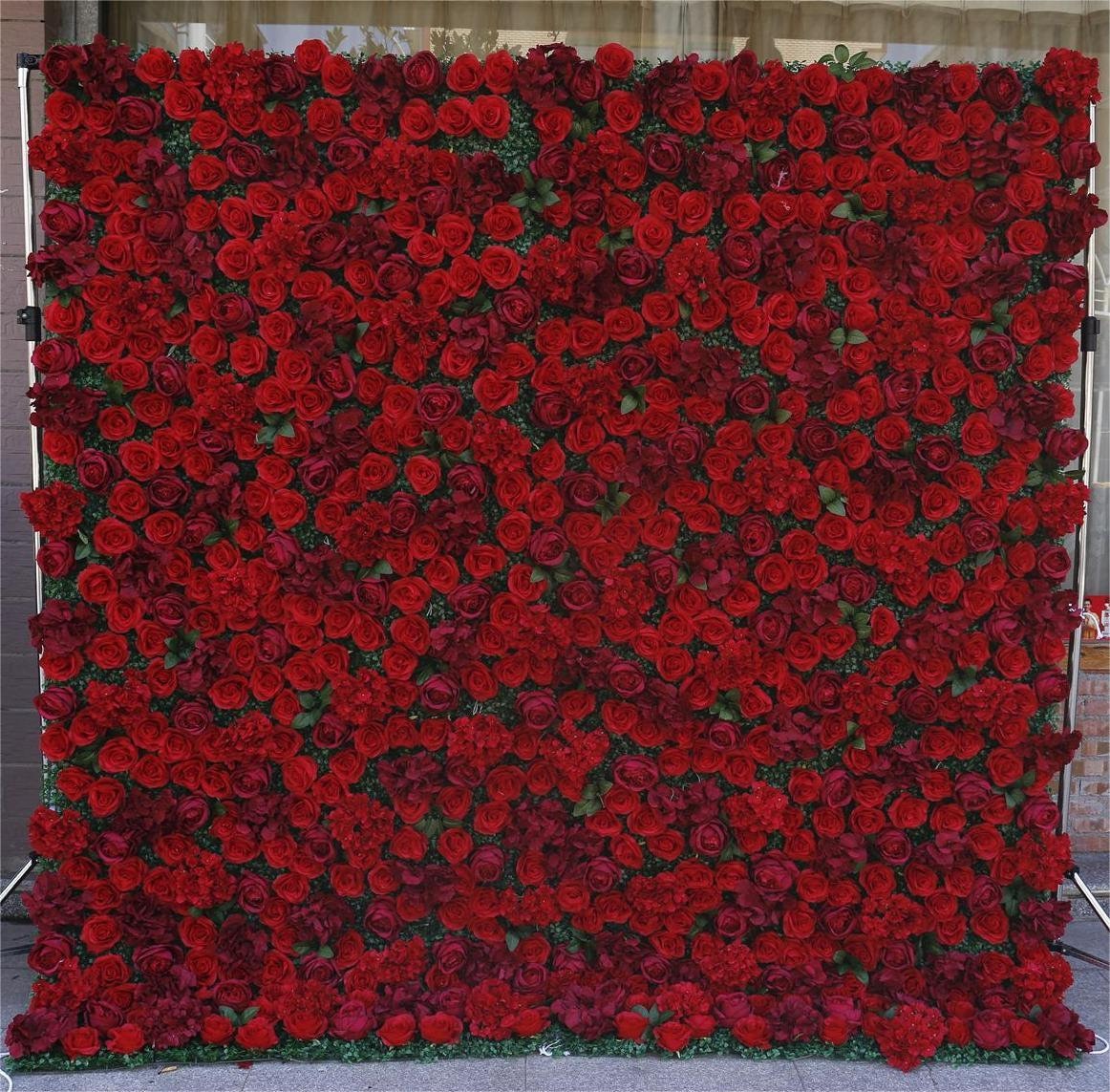 3D Red Rose Flower Wall Green Plants For Wedding Arrangement Event Salon Party Photography Backdrop Fabric Rolling Up Curtain Fabric Cloth