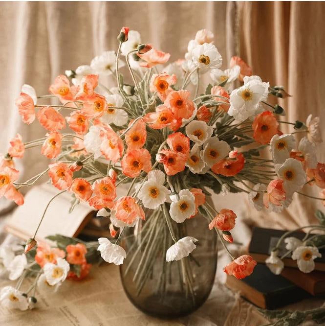 10 Spray Faux Poppy Flowers Artificial Coral Pink Poppy Flower, Tall 23.2" DIY Florals Centerpieces, Wedding Home Kitchen Decoration