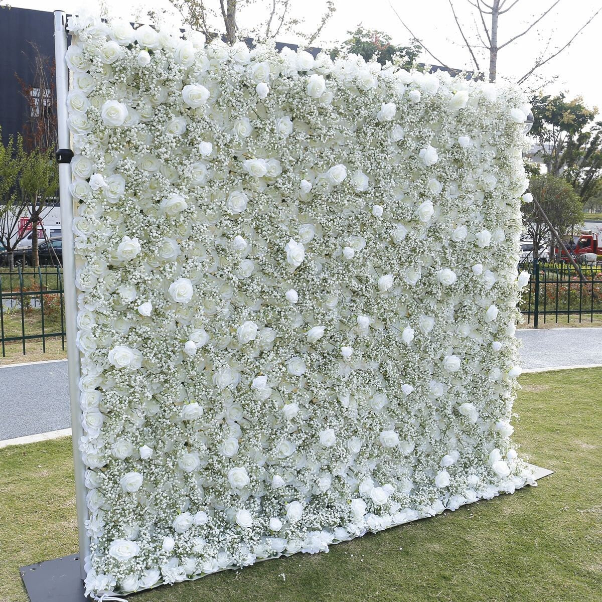 5D White Rose Baby Breaths Mix Flower Wall For Wedding Arrangement Event Salon Party Photography Backdrop Fabric Rolling Up Curtain Cloth