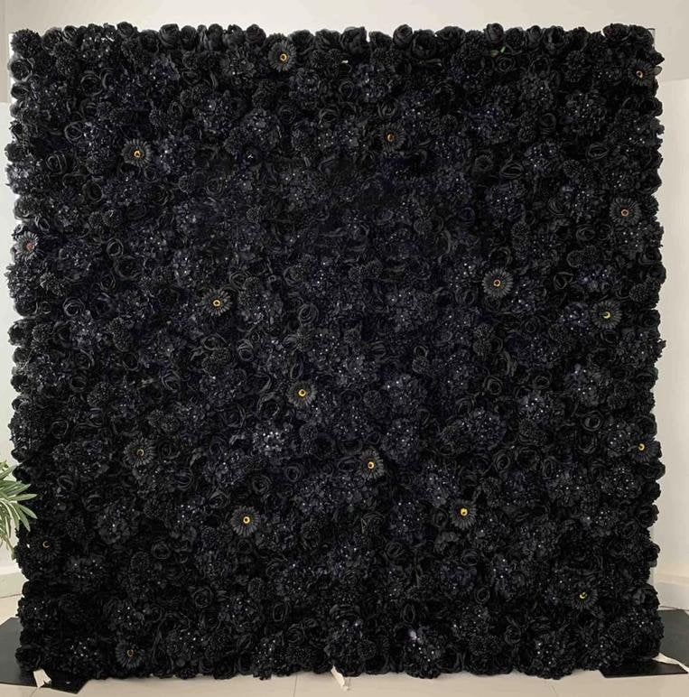 New Design Full Black Flower Roll Up Curtain Fabric Cloth Artifical Floral Wall for Wedding Party Home Salon Decor backdrop