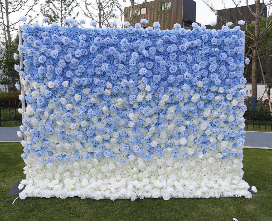 Gradual Sky Blue Flower Wall For Wedding Arrangement Event Salon Party Photography Backdrop Fabric Rolling Up Curtain Fabric Cloth