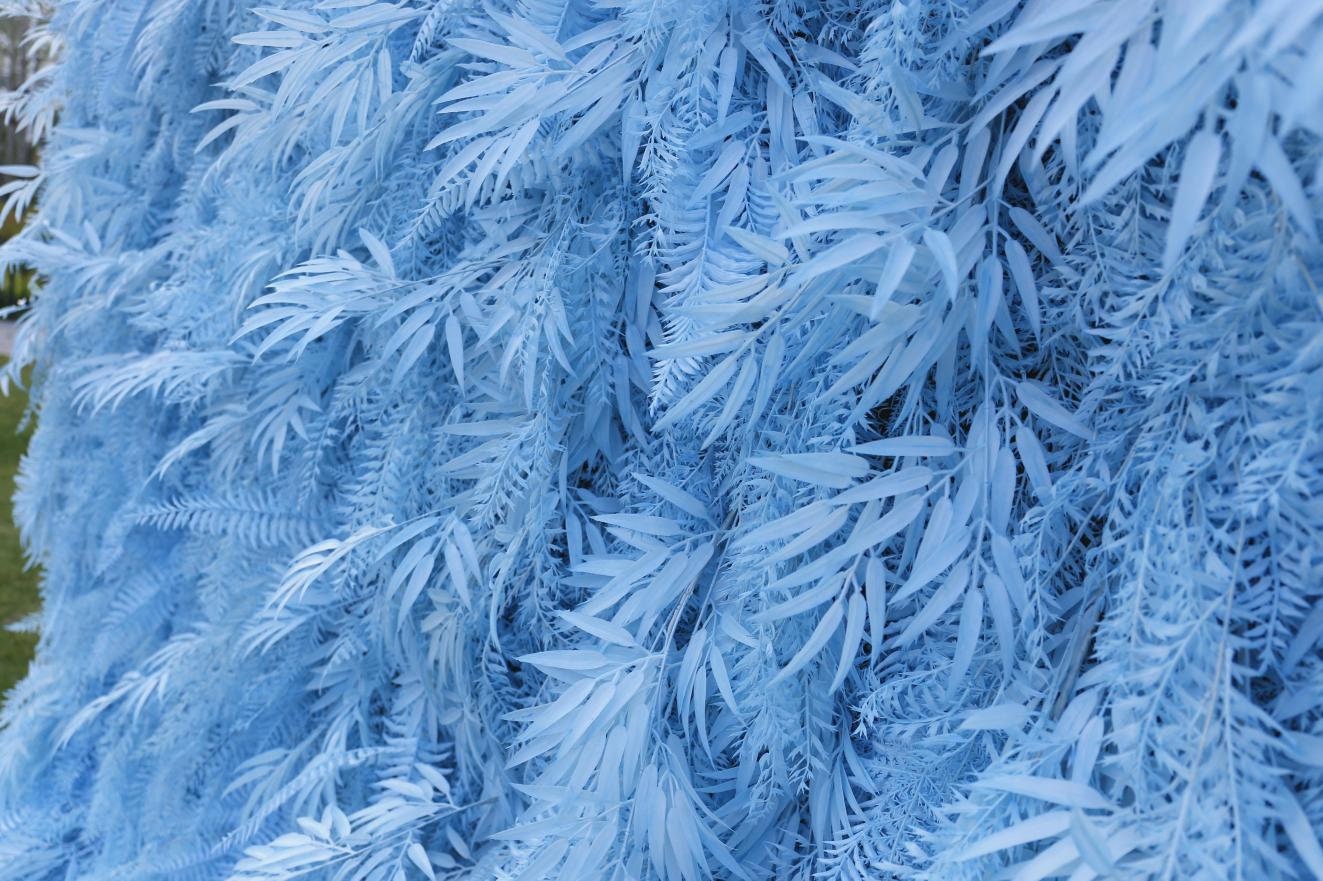 New Design Blue Misty Smog Pampas Flower Wall Wedding Backdrop Decoration Artificial Silk Room 3D Roll Up Cloth Fabric