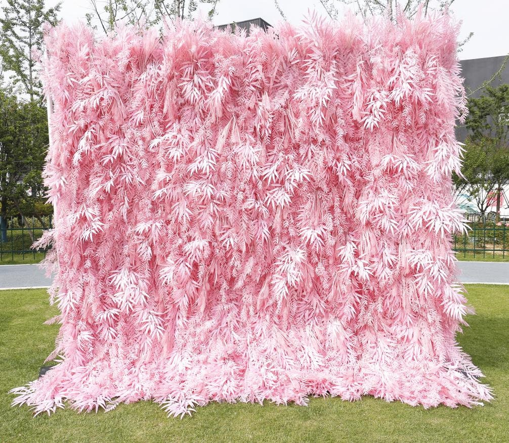 New Design Candy Pink Misty Smog Pampas Flower Wall Wedding Backdrop Decoration Artificial Silk Room 3D Roll Up Cloth Fabric