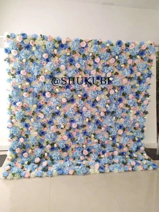 New Design Baby Blue Pink Flower Wall For Wedding Photography Backdrop Event Salon Party Arrangement Fabric Rolling Up Curtain Fabric Cloth