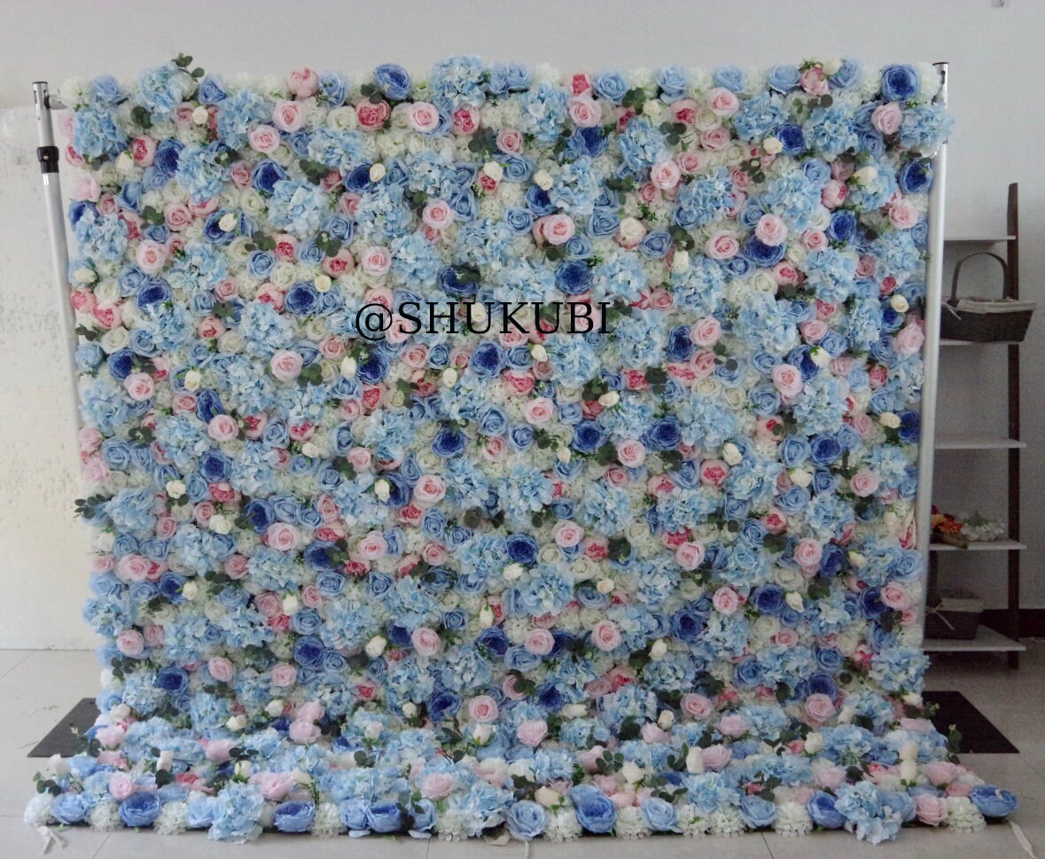 New Design Baby Blue Pink Flower Wall For Wedding Photography Backdrop Event Salon Party Arrangement Fabric Rolling Up Curtain Fabric Cloth