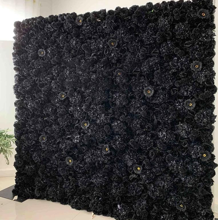 New Design Full Black Flower Roll Up Curtain Fabric Cloth Artifical Floral Wall for Wedding Party Home Salon Decor backdrop