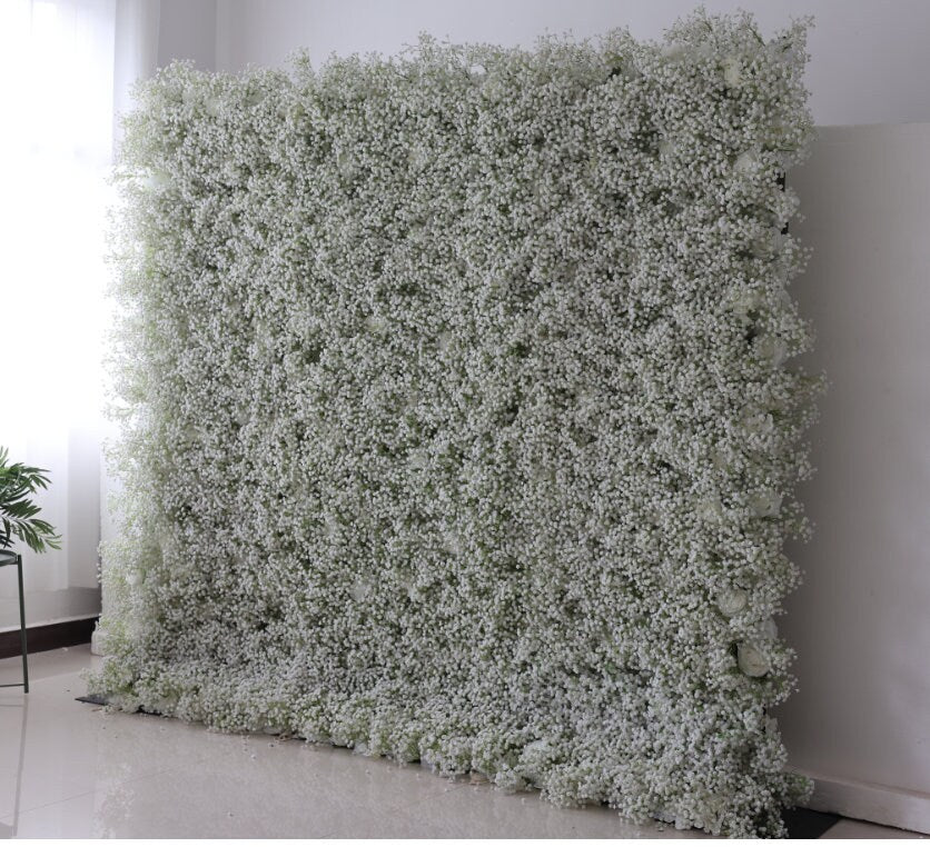 High Quality White Rose Baby Breaths Mix Flower Wall For Wedding Arrangement Event Photography Backdrop Fabric Rolling Up Curtain Cloth