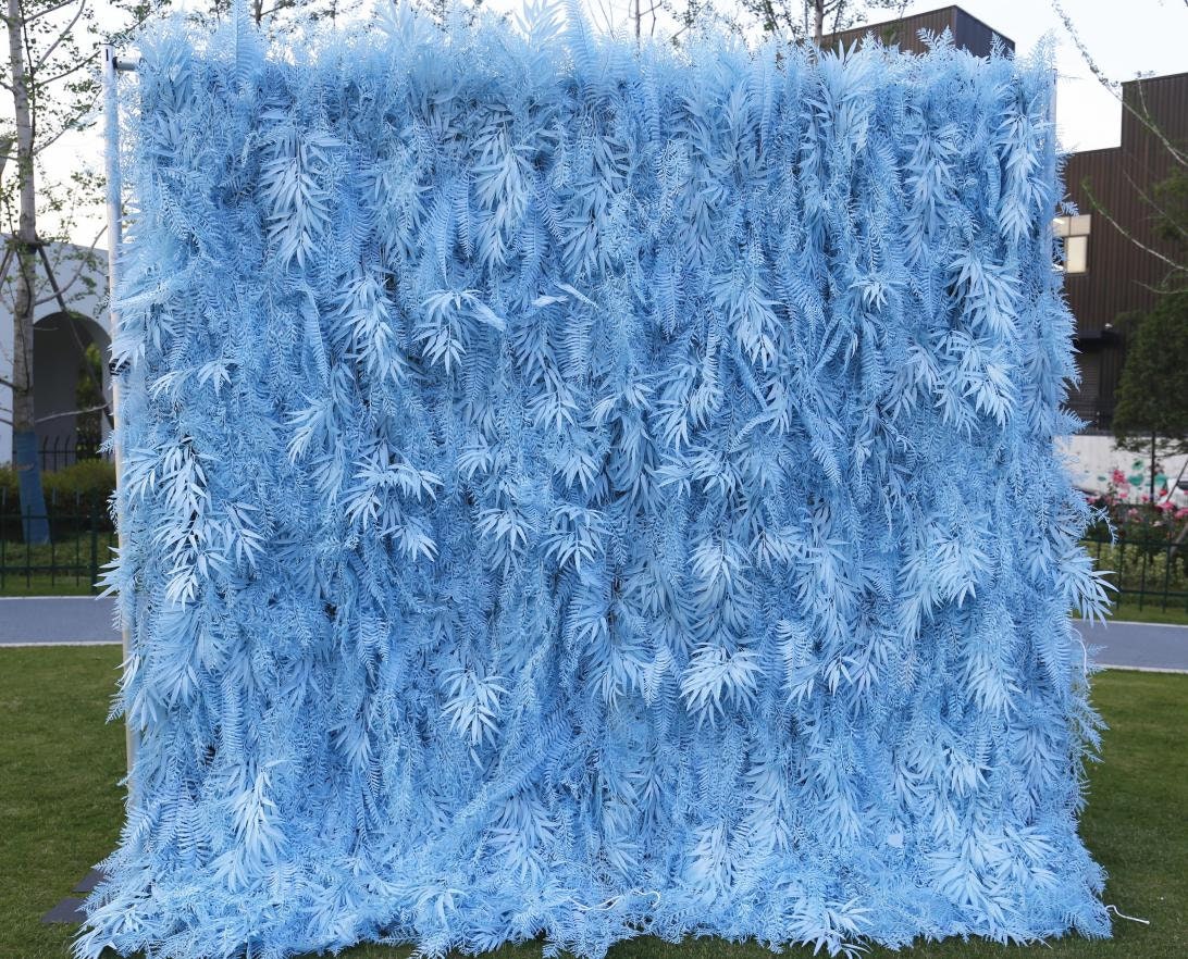 New Design Blue Misty Smog Pampas Flower Wall Wedding Backdrop Decoration Artificial Silk Room 3D Roll Up Cloth Fabric