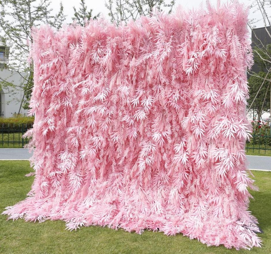 New Design Candy Pink Misty Smog Pampas Flower Wall Wedding Backdrop Decoration Artificial Silk Room 3D Roll Up Cloth Fabric