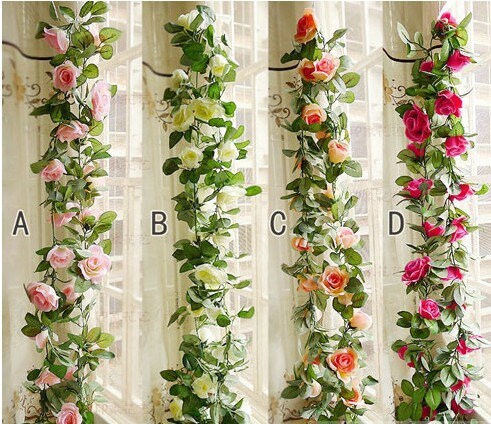 Flower Ivy Length 2.3m/90&quot; Artificial Silk Rose Garland 2 Strands Fake Flower Ivy Leaf Vine Plants Home Hanging  Wedding Decoration