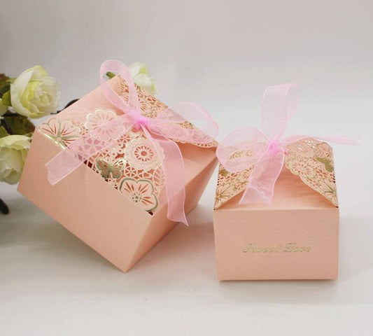 50 pcs Pink Hollow Cherry Blossom Sakura Flower Butterfly Favor Candy Choclate Box Baby Shower Festive Party Supplie Sweet love