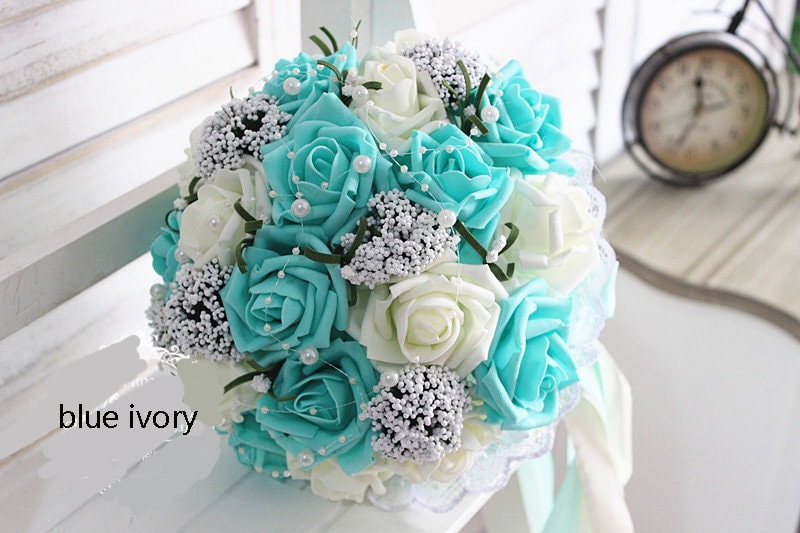 Baby Blue Wedding Bouquet PE Flowers Bridal Bouquet  Wedding Centerpieces Decorations