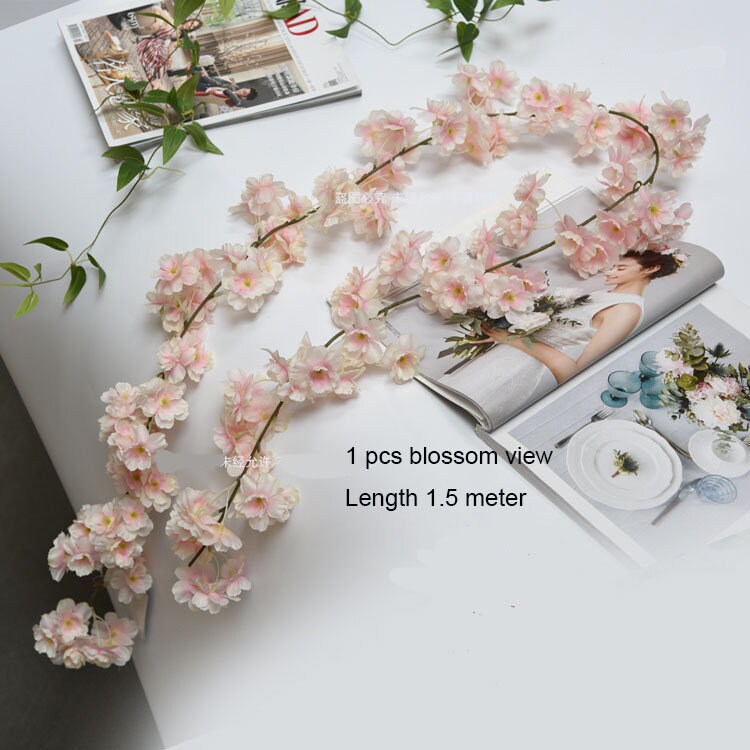 2 Strands Cherry blossoms Flower Ivy Length 1.8m/70.9&quot; Artificial Silk Cherry Flower Rattan Home Hanging Outdoor Wedding Decoration