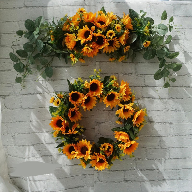 Orange Sunflowers & Eucalyptus Swag/Wreath for Wedding/Front Door, Rustic Flower Swag, Boho Wreath, Turnsolea  Eucalyptus Swag/Wreath