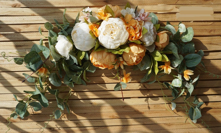 Ivory/orange Peony & Eucalyptus Swag/Wreath for Wedding/Front Door, Rustic Flower Swag, Boho Wreath, Rose and Eucalyptus Swag/Wreath