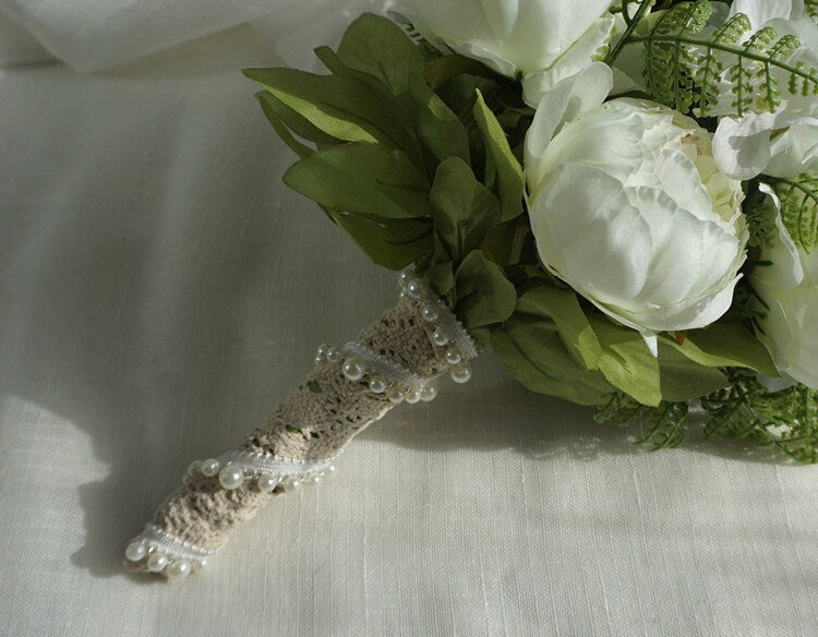Romantic Drop Bouquet Wedding Cascading Bouquet Bouquet, Draping Bridal Bouquet, White Rose Green Plant Cascade Bouquet