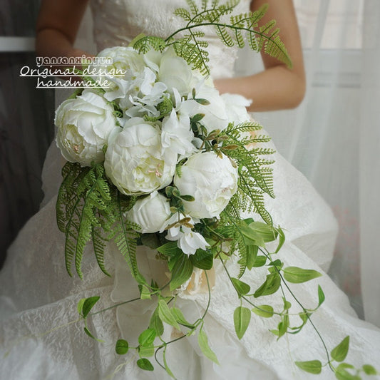 Romantic Drop Bouquet Wedding Cascading Bouquet Bouquet, Draping Bridal Bouquet, White Rose Green Plant Cascade Bouquet