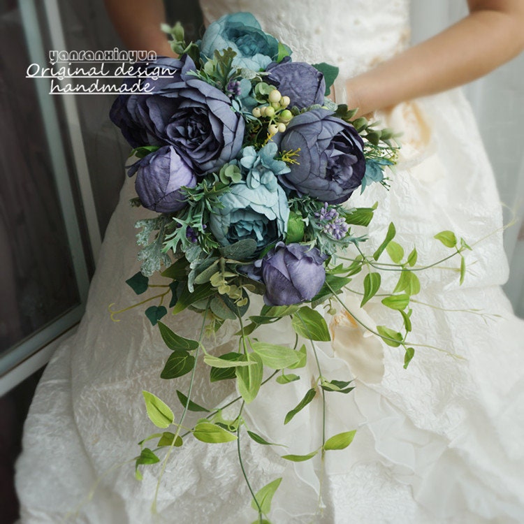 Romantic Wedding Cascading Bouquet Bouquet, Draping Bridal Rose Bouquet, Turquoise Purple Rose Peony Cascade Bouquet, Wedding Bridal Bouquet