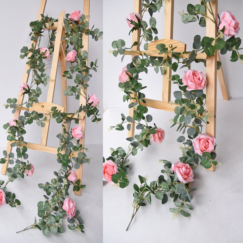 2 Strands Artificial Simulation Flower Vine Rose Garland Green Plants Cane Home Outdoor Decor Photography Flower Wedding Table Florals