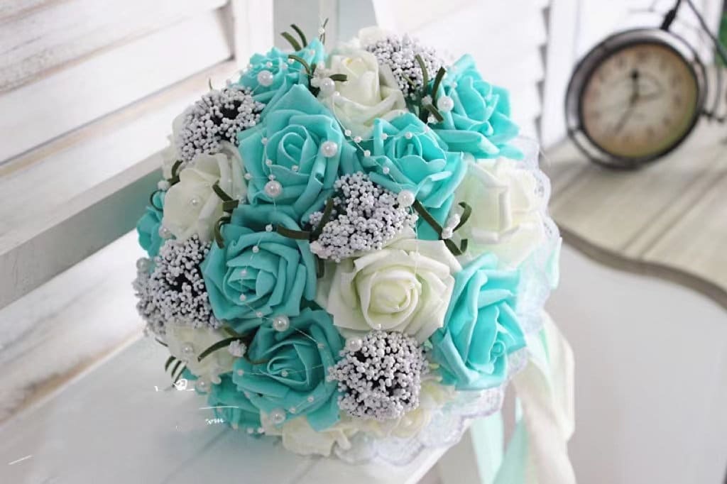 Turquoise Green White Wedding Bouquet, Turquoise Flowers Bridal Bouquet, Wedding Centerpieces, Decorations,Silk Ribbon Fake Flower Bouquets