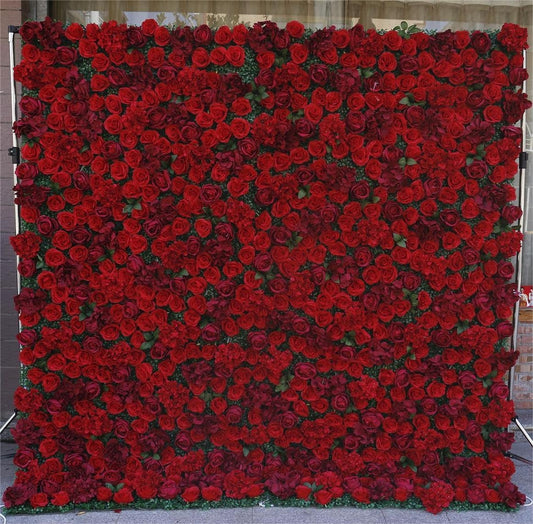 3D Red Rose Flower Wall Green Plants For Wedding Arrangement Event Salon Party Photography Backdrop Fabric Rolling Up Curtain Fabric Cloth